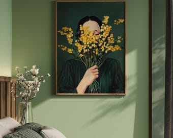 Emerald Green Woman With Mimosa Flowers Art Print: Minimalist