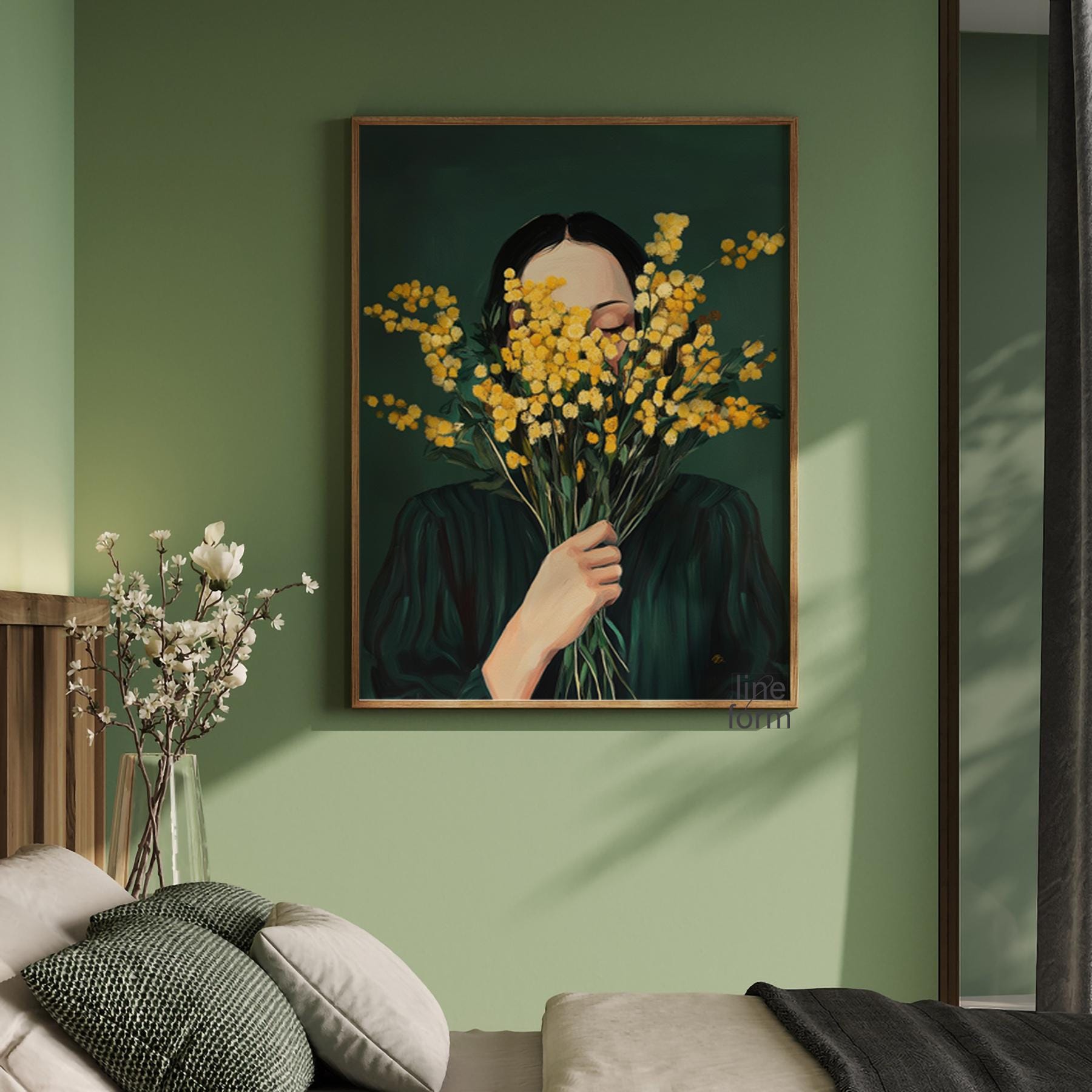 mimosa様カーキ Emerald Green Woman With Mimosa Flowers Art Print: Minimalist