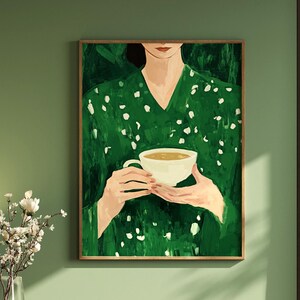 Smaragdgrüne Frau mit Kaffee - Abstrakter Kunstdruck (Digitaler Download)