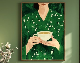Emerald Green Woman with Coffee Abstract Art Print (Digital Download)