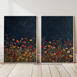Set di 2 stampe di fiori selvatici blu navy, dipinto floreale a olio vintage, fiori selvatici estivi, arte di campi di fiori selvatici, stampa artistica di fiori selvatici
