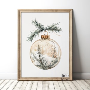 Gold Christmas Ball Print: Neutral Holiday Bauble Watercolor Art (Digital Download)