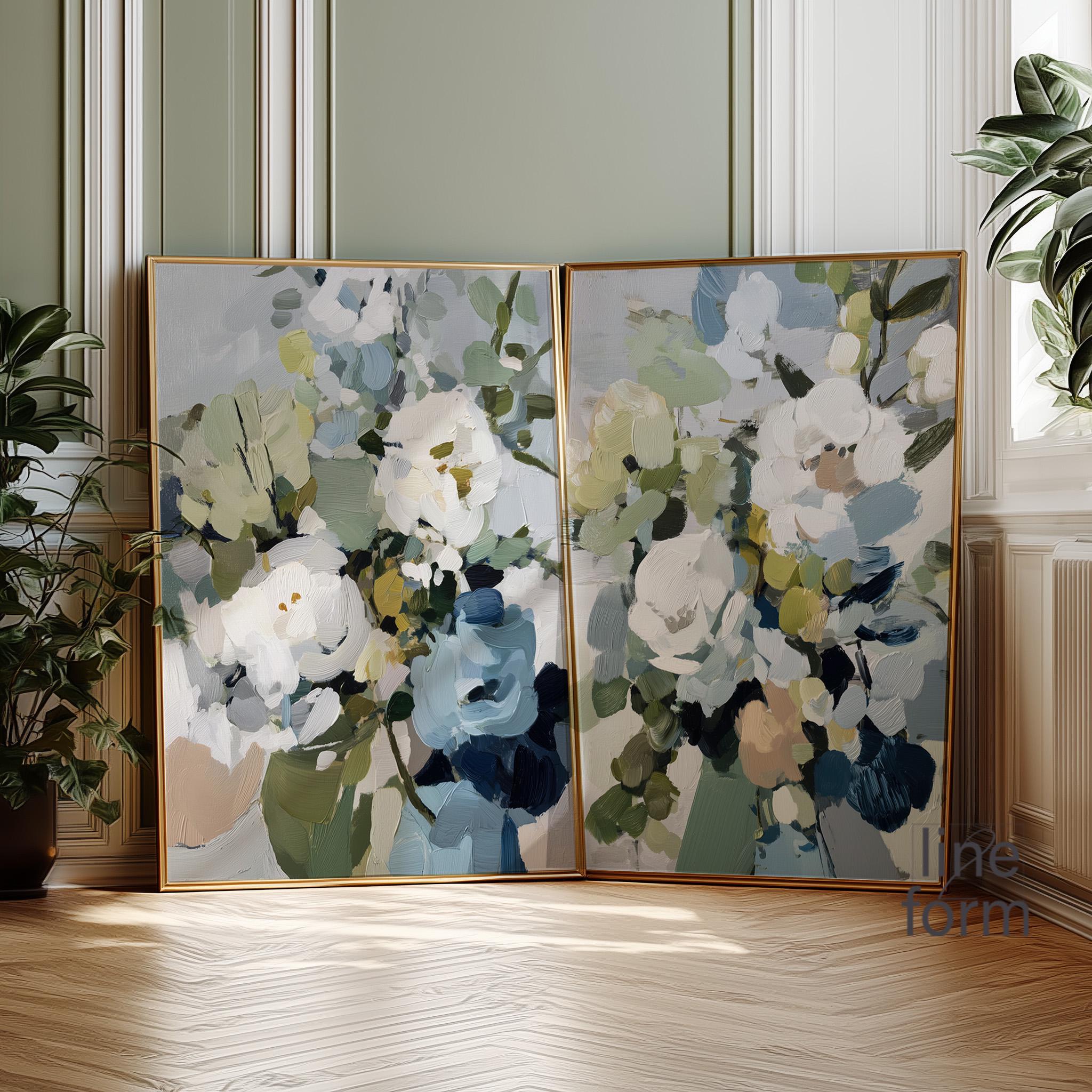 Light Blue Botanical Wall Art Set of 2: Abstract Flower Paintings in ...