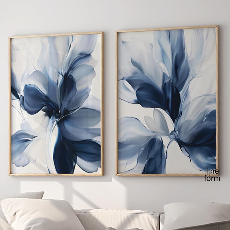 Navy Blue Floral Wall Art Set of 2 - Fluid Abstract Petal Prints - Etsy