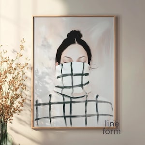 Abstract People Art, Black and White Minimal Japandi Stripe Female Abstract Painting, Figurative Art, People Painting Eclectic Prints