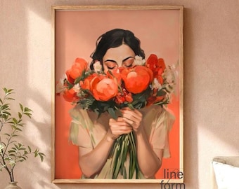 Woman with Flowers Art Print: Modern Abstract Portrait