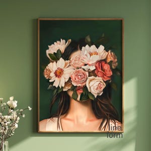 エメラルドグリーンの花の頭のアート、女性の肖像画、エメラルドグリーンのシュールアートの肖像、抽象的な人物のアート、花を持つ女性