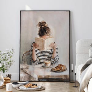 Stampa artistica di una lettrice, donna che legge, persone astratte, libro di lettura e caffè, arte astratta femminile, stampa artistica di un'amante dei libri, decorazione artistica di una lettrice