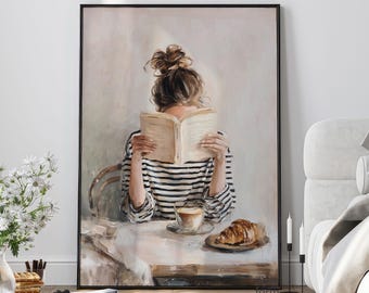 Neutral Reading Woman Art Print: Abstract People Art Modern Decor