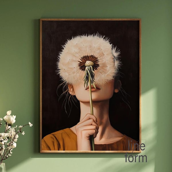 Frau mit Pusteblume Print: Abstraktes weibliches Portrait, trendige Wandkunst