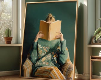 Green Reading Woman Art Print: Abstract Book Lover, Eclectic Home Decor