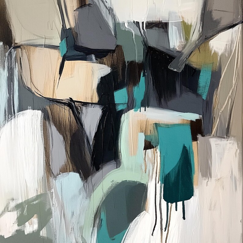 May include: Abstract painting with bold strokes of teal, gray, black, and white paint. The painting has a modern and contemporary style.