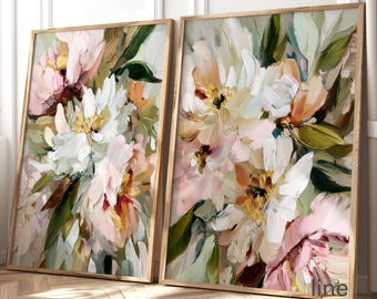 抽象的な花柄ウォールアートセット：パステル調のモダンな油絵プリント