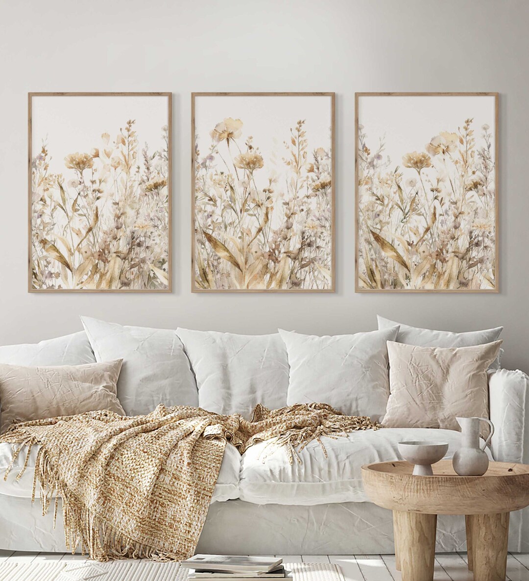 Beige Wildflower Floral Botanical Wall Art Set of 3 Prints, Neutral ...