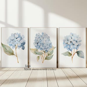 Set di tre stampe artistiche di ortensie, stampa floreale di ortensie azzurre ad acquerello, stampe floreali da parete, decorazioni da parete Hamptons