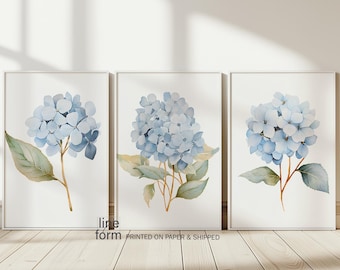 Juego de 3 impresiones artísticas de acuarela de hortensias azul claro