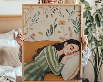 Emerald Green Abstract Woman Art Print: Boho Floral Home Decor (Digital Download)