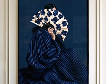 Dark Blue Woman Portrait Art Print - Chinoiserie Woman with Fan Painting