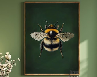 Emerald Green Bee Art Print: Vintage Bumblebee Wall Decor