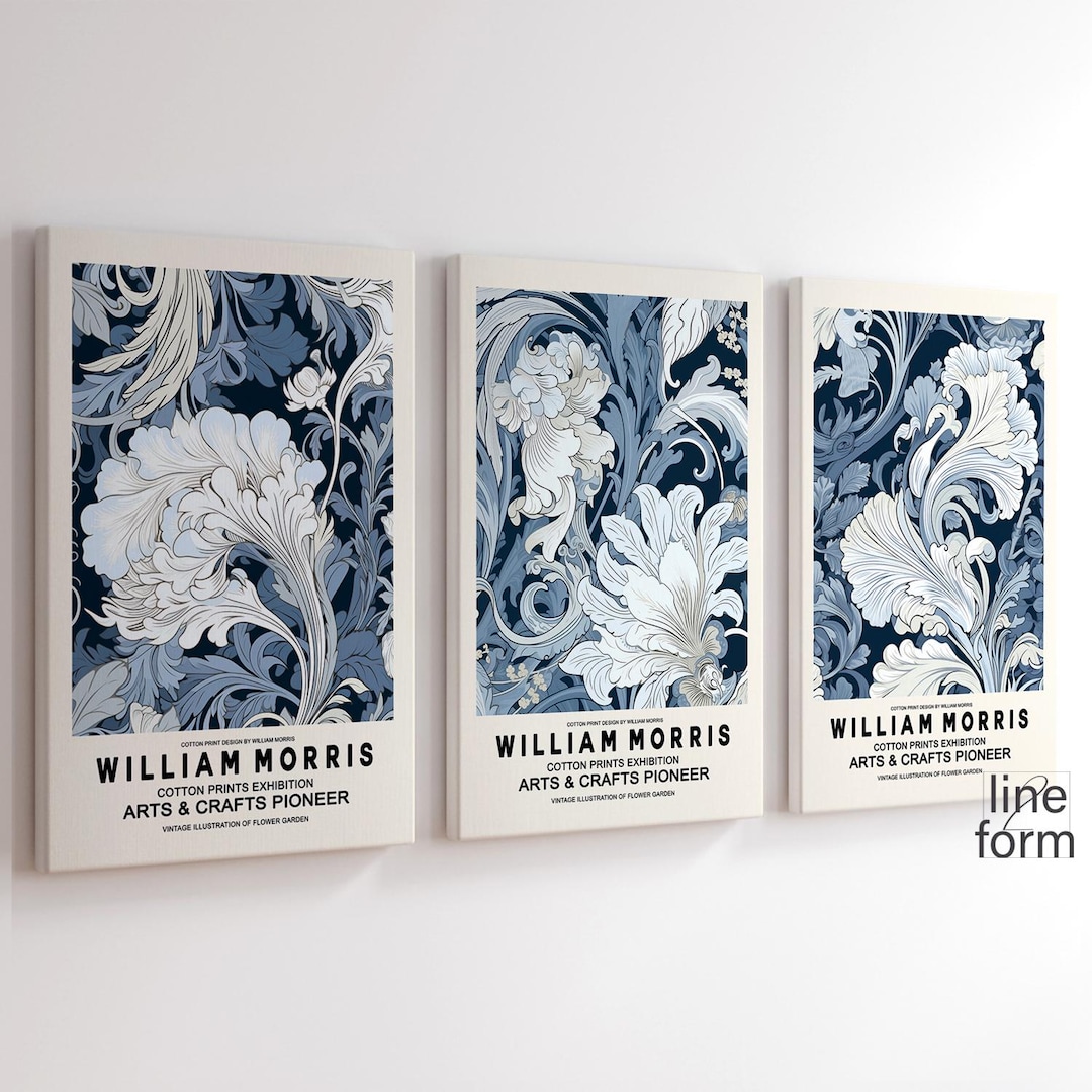 William Morris Poster Set of 3: Navy Blue Botanical Art Nouveau ...