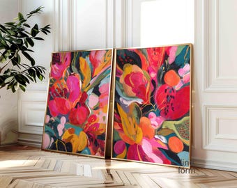 Conjunto floral rosa brillante de 2 piezas, estampados abstractos coloridos.