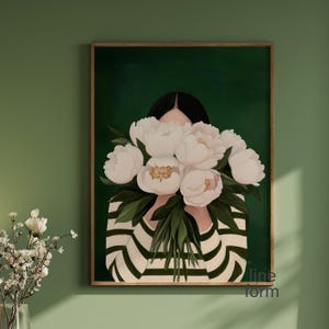 Persone astratte verde smeraldo, donna minimalista con fiori, arte astratta femminile Japandi, ritratto femminile, stampa murale femminile