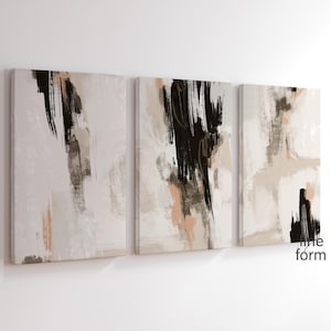 Beige Abstract Modern Gallery Wall Art Set of 3 Neutral Nordic Prints Simple Abstract Art Paint Brush Strokes Black Beige Abstract Print