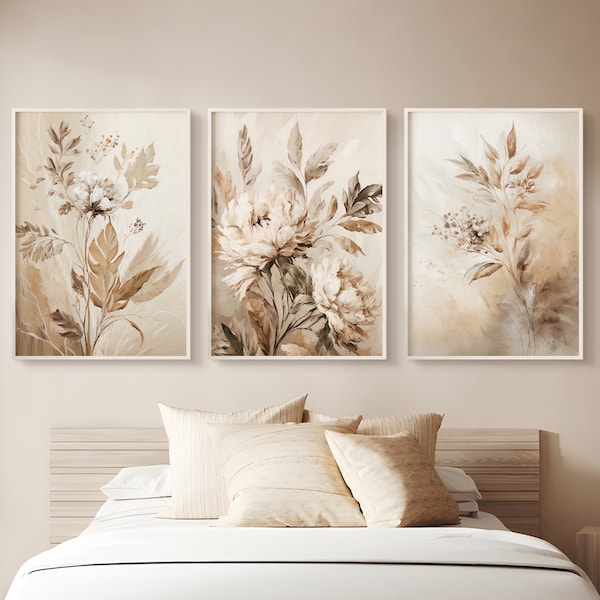 Neutrale bloemenprint set van 3, beige bloemen 3-delige muurkunst, afdrukbaar bloemenolieverfschilderij, botanische muurafdrukken, neutrale muurafdrukken