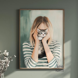 Woman and Cat Print, Female Portrait Art, Abstract Pet Art, Abstract Cat Print, Unique Cat Mom Gift, Farmhouse Cat Art, Cat Lover Print