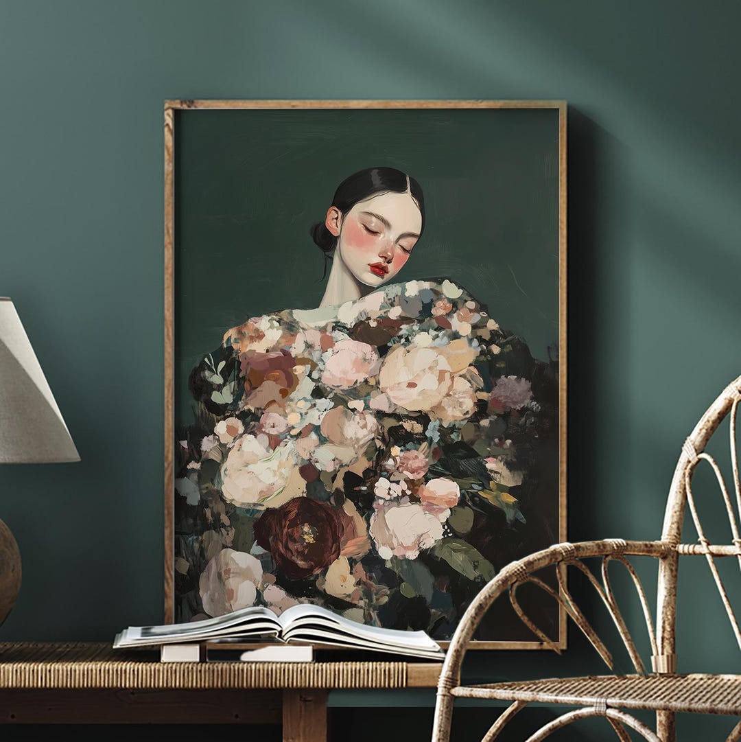 Emerald Green Floral Woman Art Print: Abstract Figure Painting - Etsy