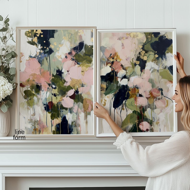 Abstract Floral Wall Art Set of 2: Blush Pink & Green Prints - Etsy