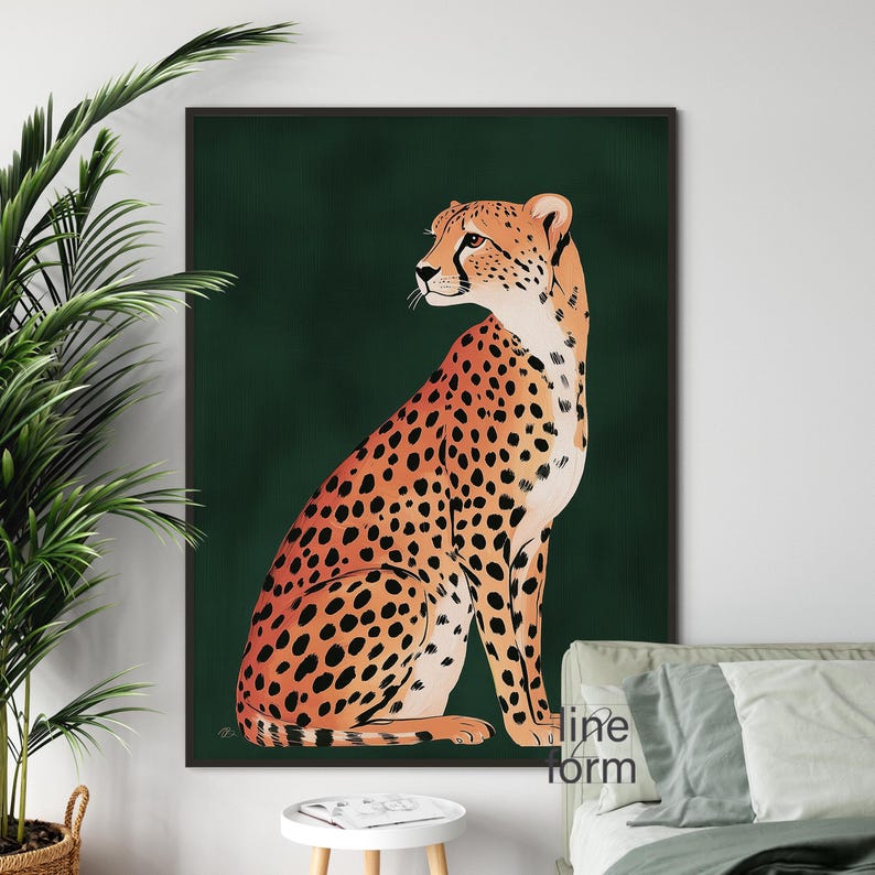 May include: A digital illustration of a cheetah sitting on a dark green background. The cheetah is facing to the left and has a spotted orange and black coat.