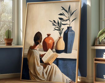 Reading Woman Art Print: Abstract Book Lover, Eclectic Home Decor