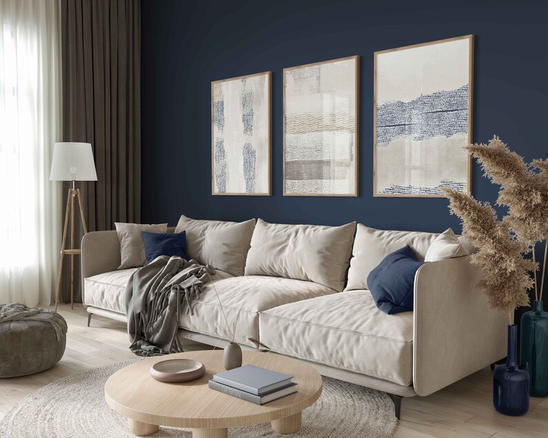 Navy Blue Beige Textured Abstract Wall Art Gallery Wall Art - Etsy