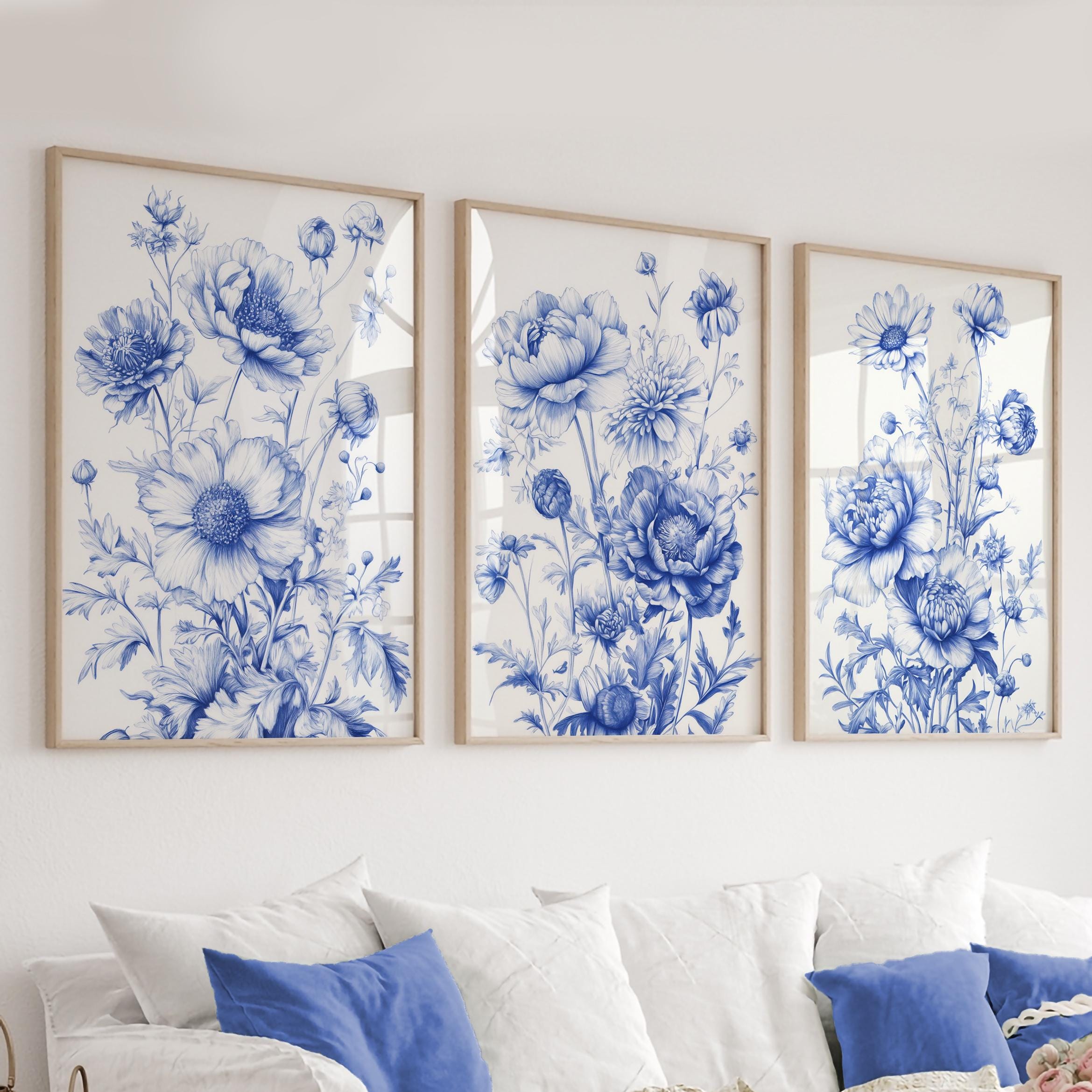 Blue Floral Chinoiserie Wall Art Set of 3: Botanical Print Set - Etsy