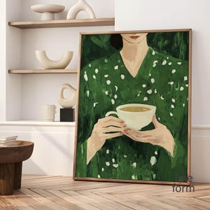 Arte astratta verde smeraldo, donna con caffè, dipinto astratto femminile, arte figurativa, stampe eclettiche astratte di persone