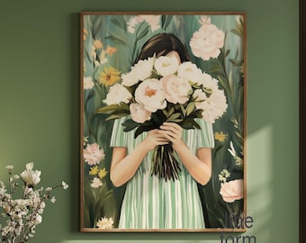 Emerald Green Abstract Woman with Flowers Art Print (Digital Download)
