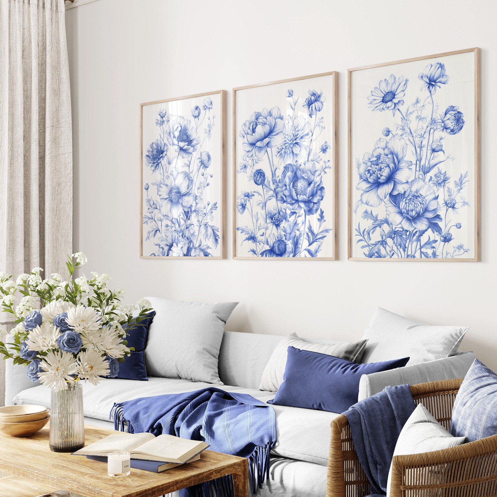 Blue Floral Chinoiserie Wall Art Set of 3: Botanical Print Set - Etsy