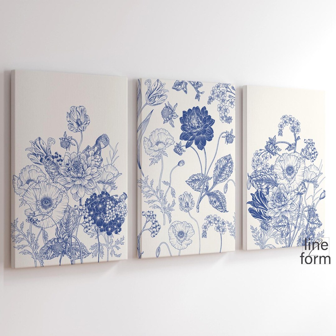 Blue Chinoiserie Botanical Print Set of 3: Minimalist Wall Art (digital ...