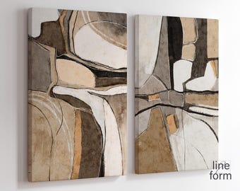 Può includere: Due dipinti astratti con uno schema di colori marrone, beige e nero. I dipinti sono divisi in forme geometriche e linee.