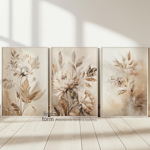 Set di 3 stampe floreali neutre, 3 pezzi di arte murale floreale beige, dipinto a olio floreale stampabile, stampe murali botaniche, stampe murali neutre