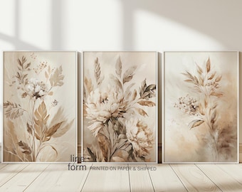 Juego de 3 estampados florales beige: Arte mural botánico neutro