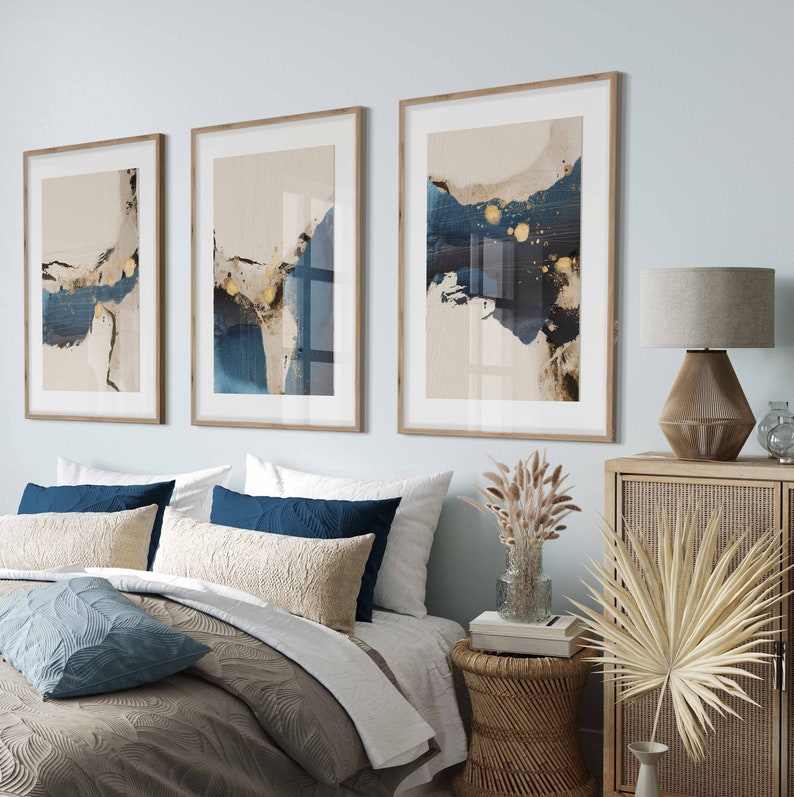 Navy Blue Abstract Wall Art Set of 3 Prints Downloadable Navy Etsy