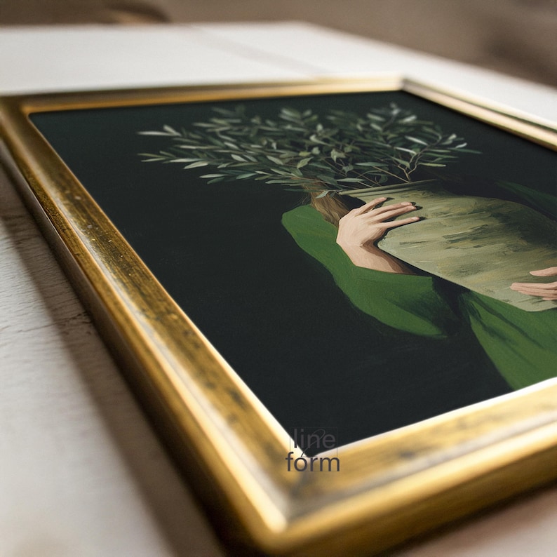 Emerald Green Woman With Olive Branch Art Print: Minimalist Japandi ...