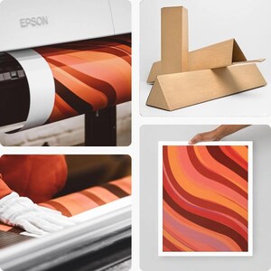 Puede incluir: Impresi&oacute;n art&iacute;stica abstracta con borde blanco, que presenta un dise&ntilde;o fluido de l&iacute;neas curvas rojas, naranjas y rosas. La imagen tambi&eacute;n muestra el proceso de impresi&oacute;n con una impresora Epson y embalaje de cart&oacute;n.