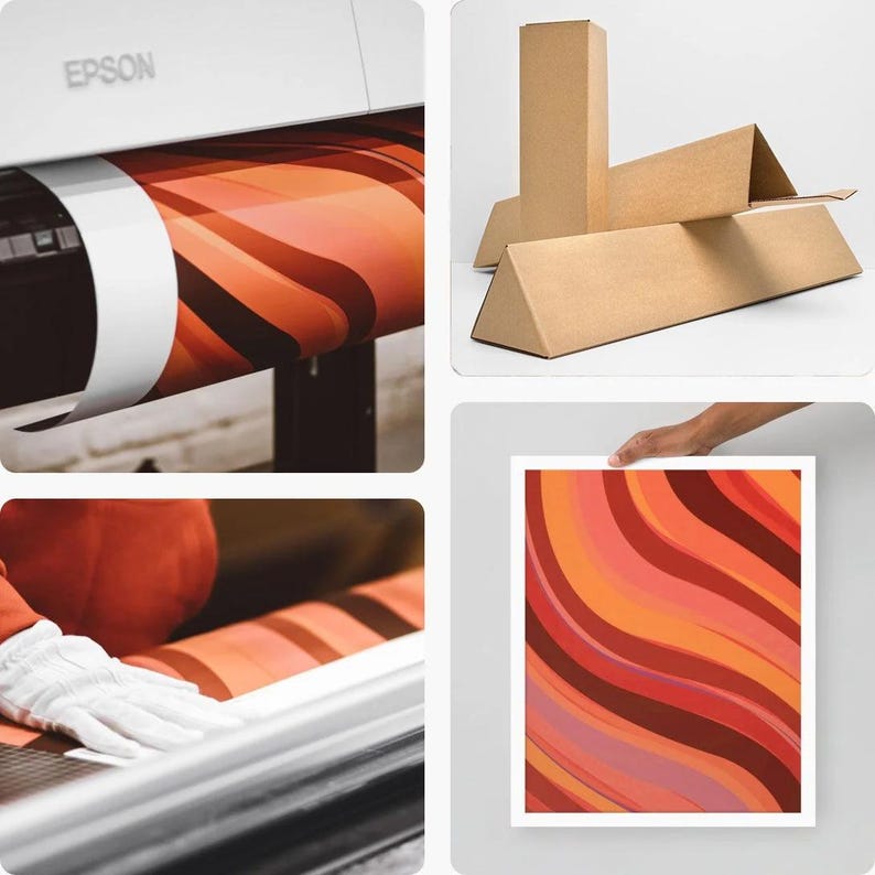 Puede incluir: Impresi&oacute;n art&iacute;stica abstracta con borde blanco, que presenta un dise&ntilde;o fluido de l&iacute;neas curvas rojas, naranjas y rosas. La imagen tambi&eacute;n muestra el proceso de impresi&oacute;n con una impresora Epson y embalaje de cart&oacute;n.