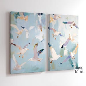 Birds Wall Art Set of 2 Prints, Seagull Wall Art, Flying Birds Wall Art Hamptons Wall Decor Flock of Birds Printable Light Blue Wall Art