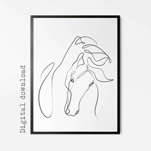 May include: A black and white line drawing of a horse's head with its mane flowing in the wind.
