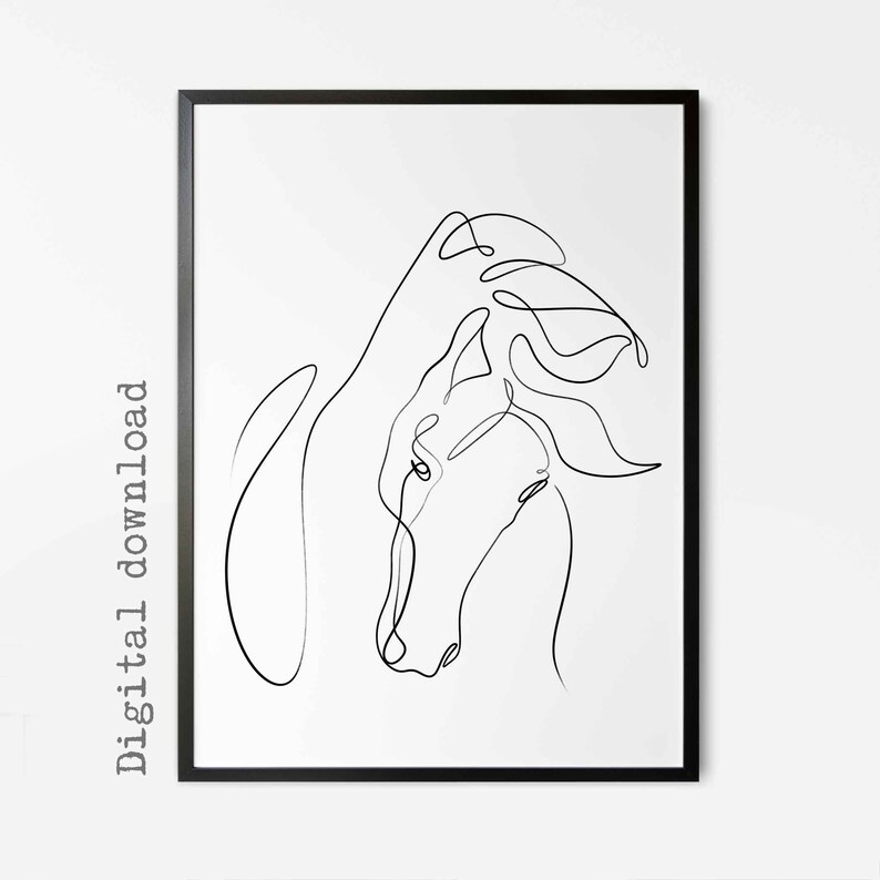 May include: A black and white line drawing of a horse's head with its mane flowing in the wind.