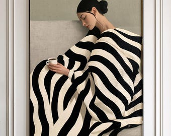 Minimalist Woman with Coffee Art Print - Black and White Dress Portrait